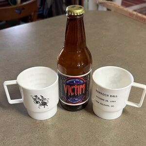 Anne Rice 1995 Memnoch Ball Abita Brewery Victim Bottle 2 Plastic Mugs From Ball